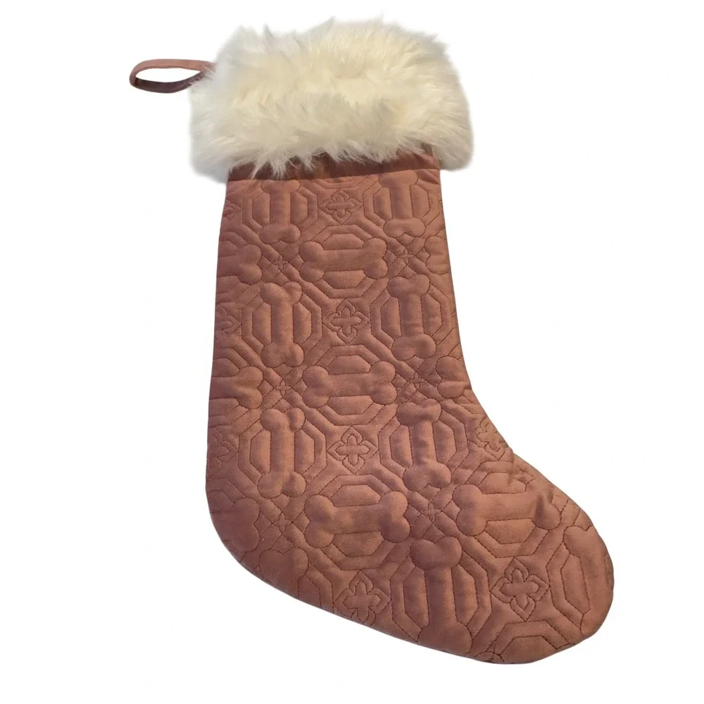 Martha Stewart Dusty Rose‎ Quilted Dog Bone Christmas Stocking Faux Fur Trim